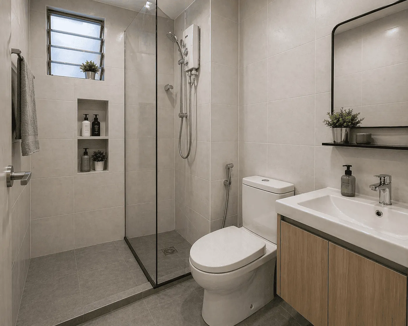 Finished condo bathroom with shower screen and vanity
