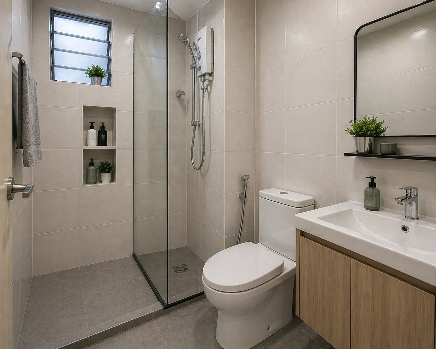 Matte tiled shower stall with a black-framed mirror and wood vanity