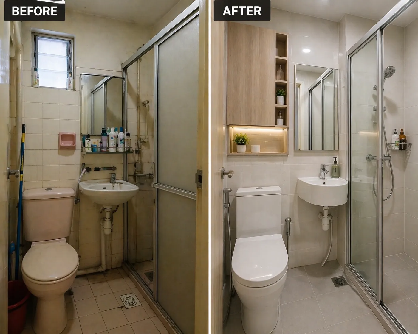 Before and after KL bathroom renovation showing a full wet-area rebuild