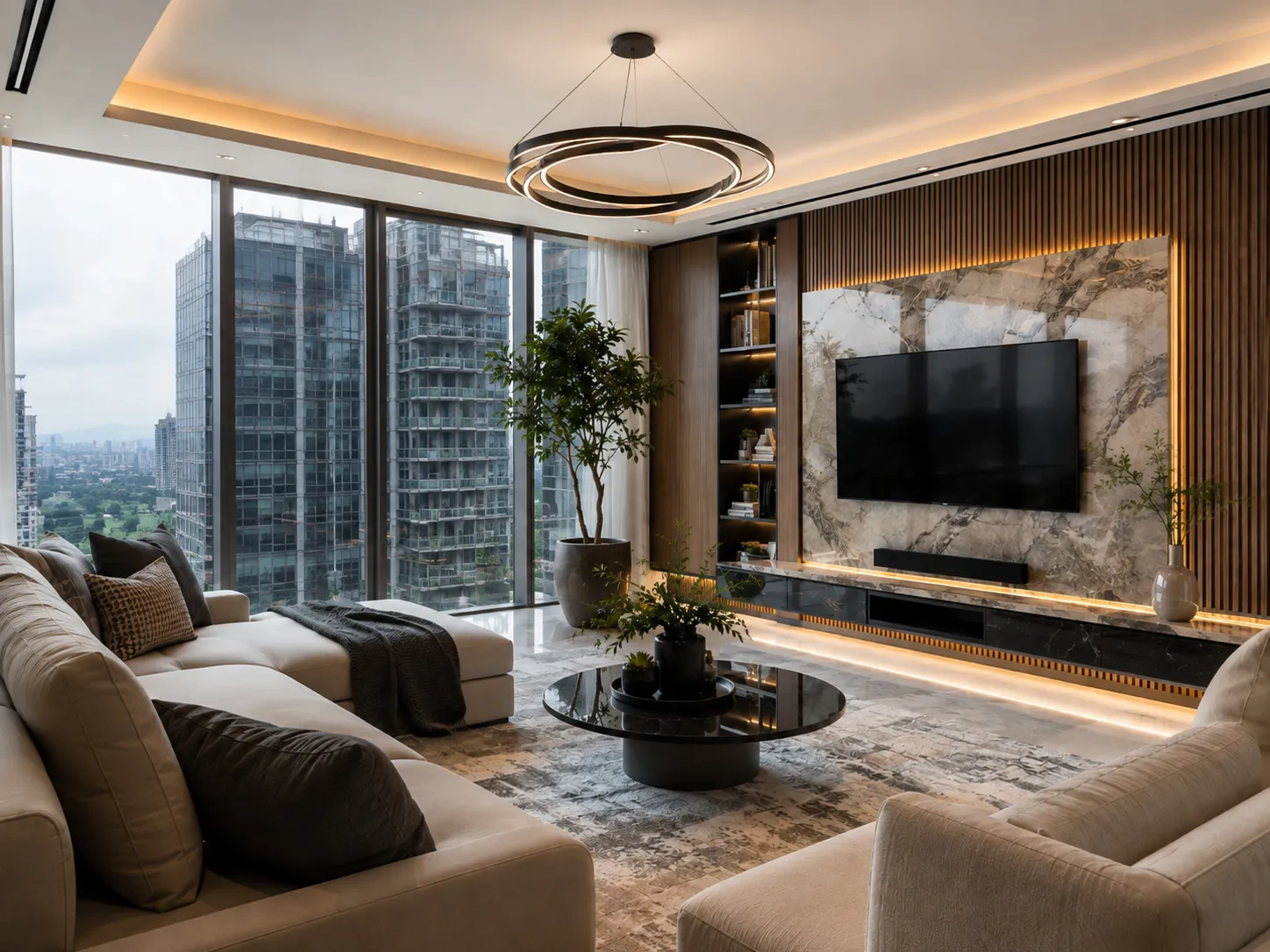 Ruang tamu dengan feature wall marmar, panel kayu berjalur dan cove lighting tersembunyi