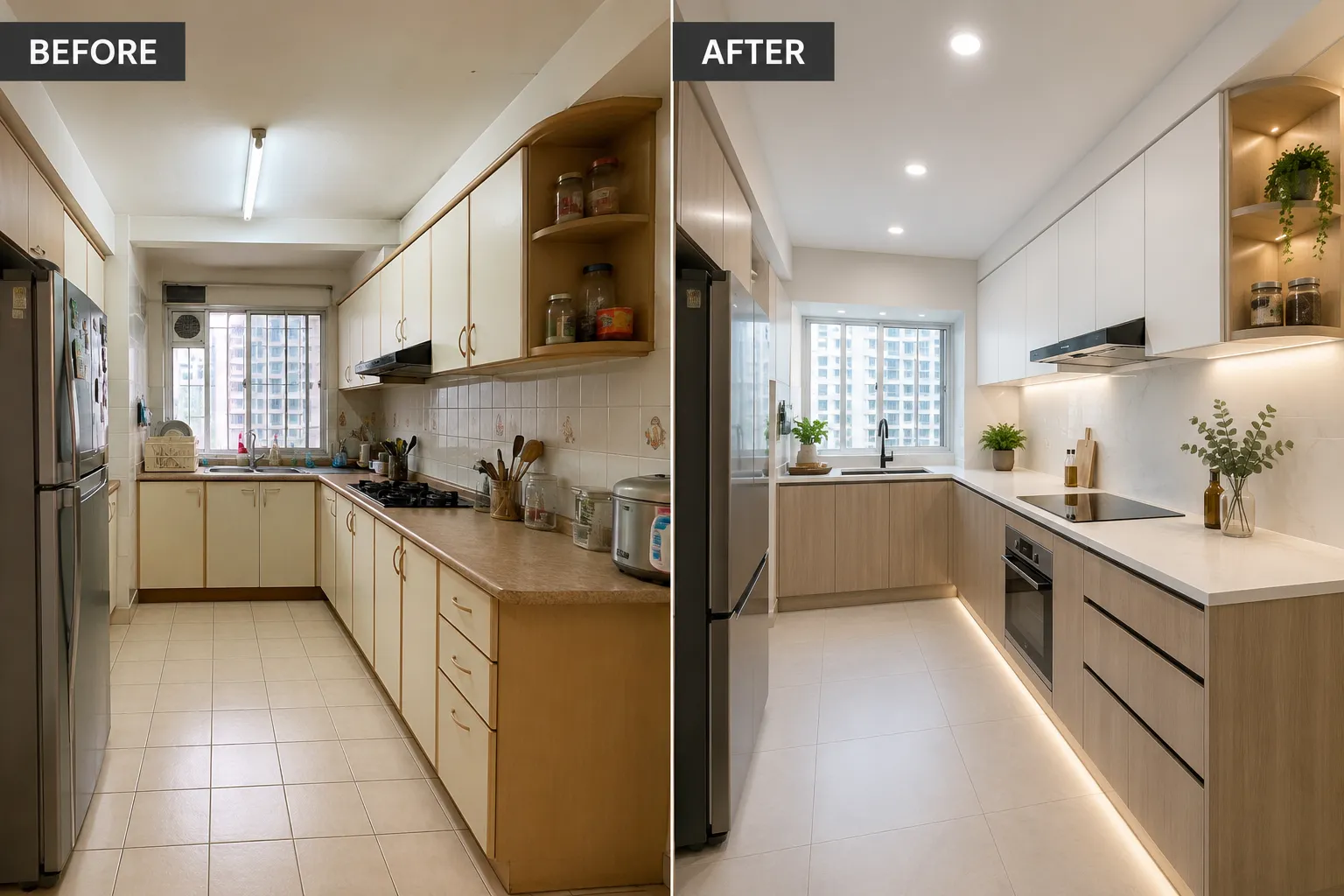 Dapur condo yang telah direnovasi dengan susun atur padat, kabinet dan kaunter yang sesuai dengan ruang lantai lebih kecil