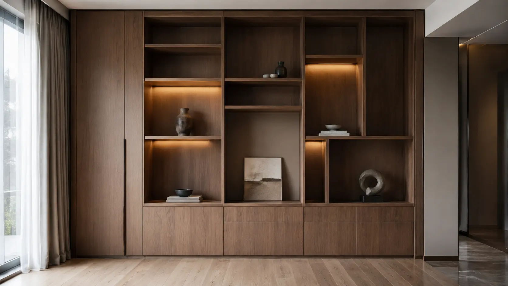 Kabinet paparan dan storan kayu walnut bina dalam di ruang tamu Malaysia