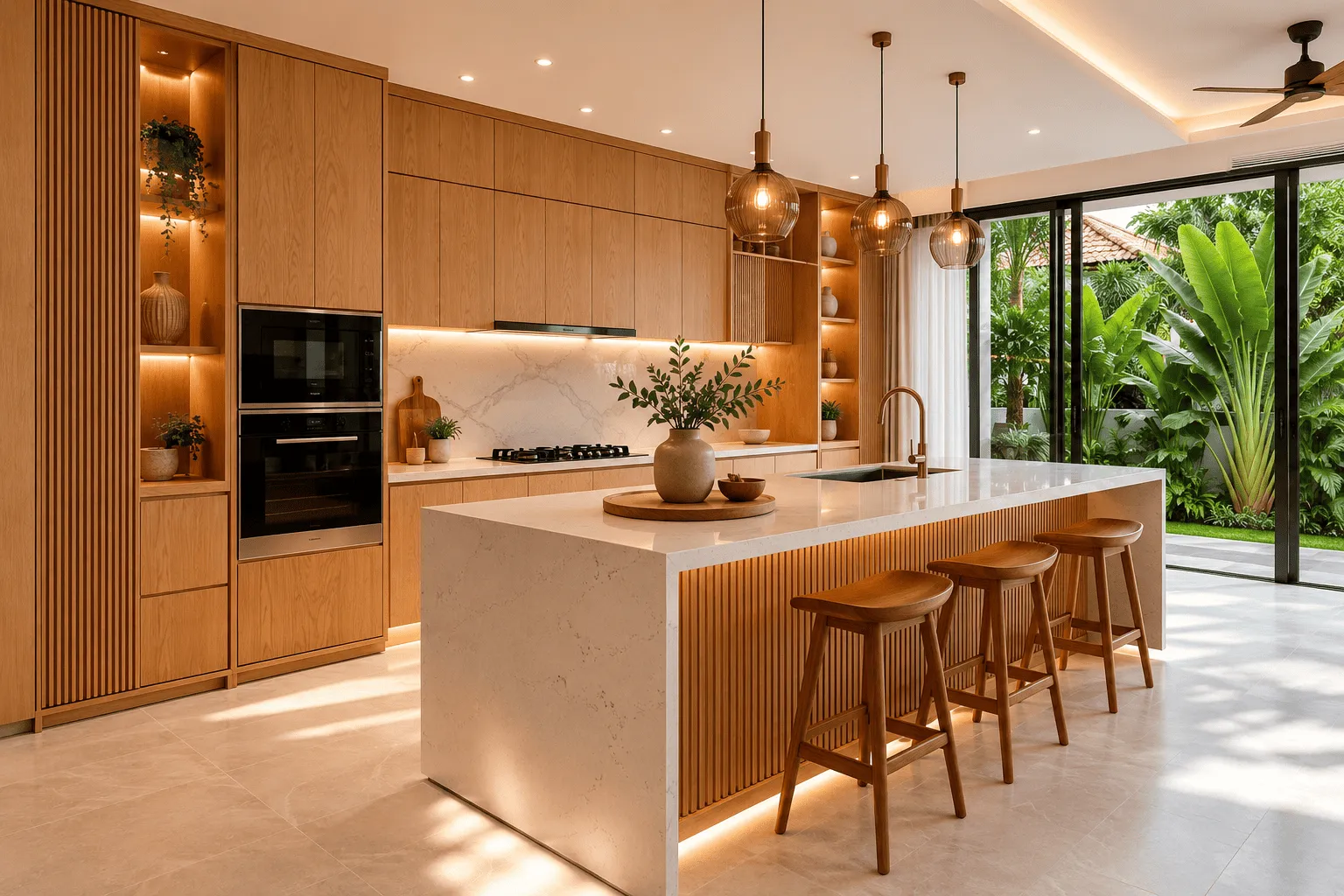Plywood kitchen cabinets with laminate doors along a straight kitchen wall