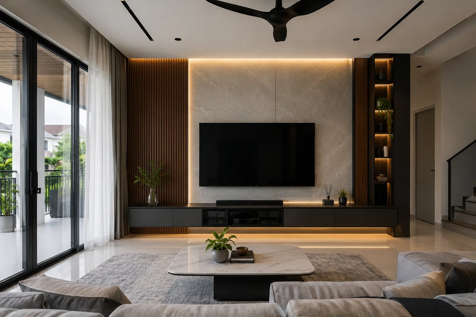 Feature wall dengan panel kayu di belakang konsol TV