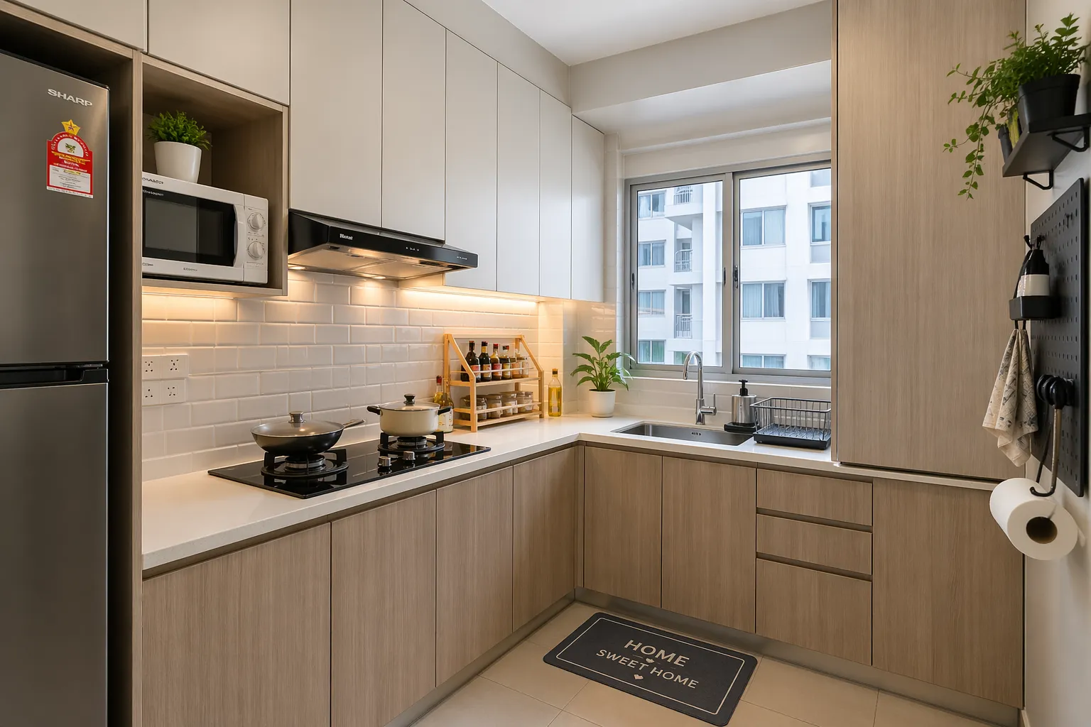 Dapur apartmen padat dengan barisan kabinet satu dinding dan perkakas bina dalam