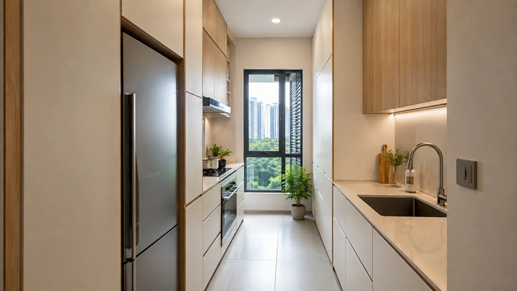 Dapur galley sempit dalam kondominium Malaysia dengan kabinet dua dinding, perkakas bina dalam dan tingkap berpemandangan bandar di hujungnya