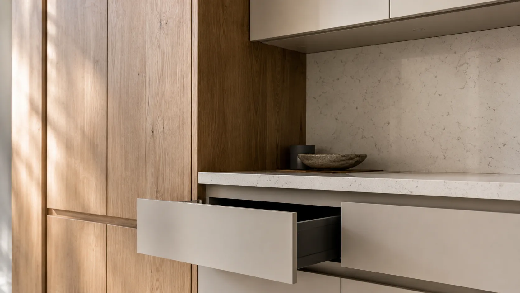 Close-up laci kabinet dapur kayu oak yang terbuka pada laluan soft-close, di sebelah countertop kuarza dan backsplash batu