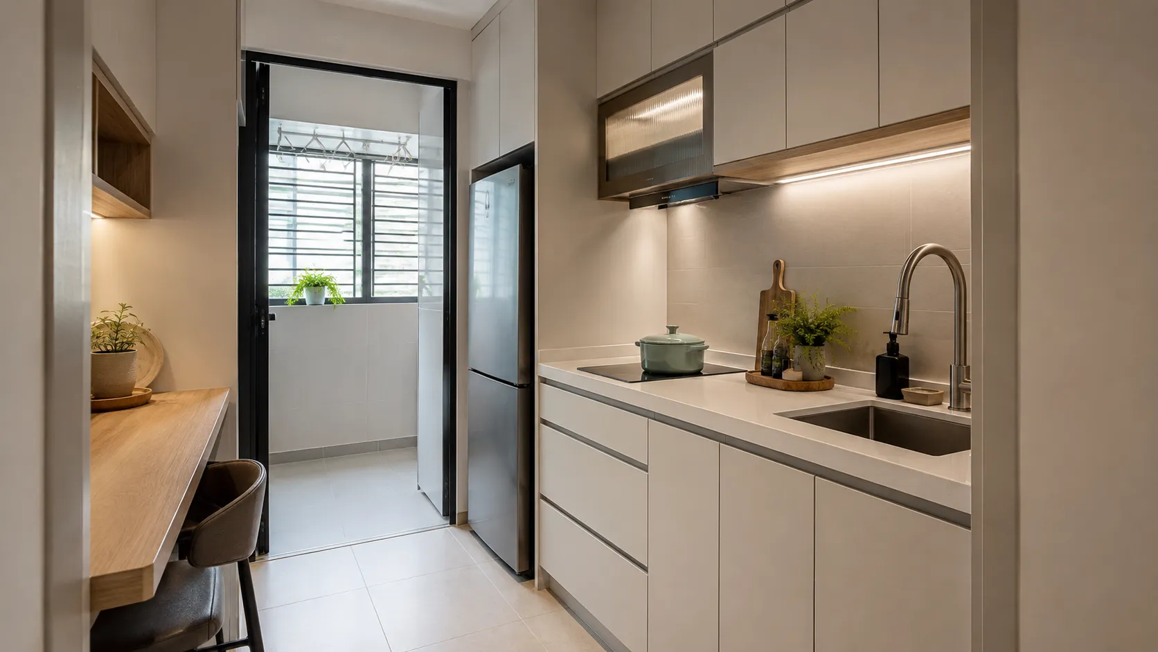 Dapur galley padat dalam kondominium Malaysia dengan kabinet putih dan pintu yang membawa ke dapur basah kecil