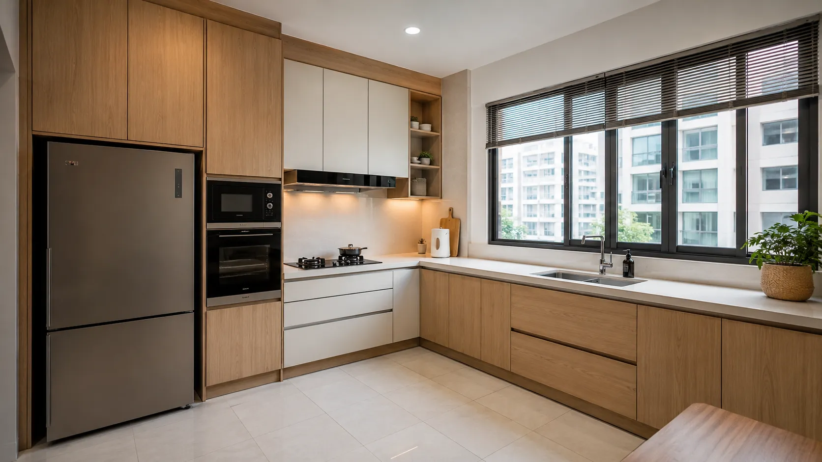 Dapur berbentuk U dalam rumah landed Malaysia berkemasan warna kabinet mocha-taupe dengan tingkap berpemandangan bandar