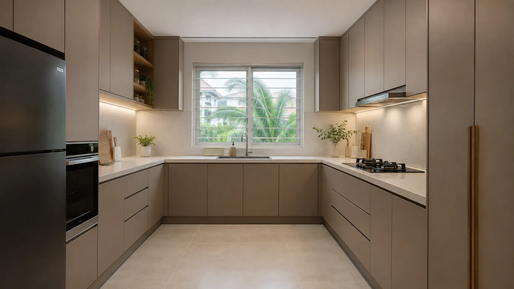 Dapur kering konsep terbuka dalam rumah Malaysia dengan pintu gelongsor kaca yang membawa ke dapur basah berasingan