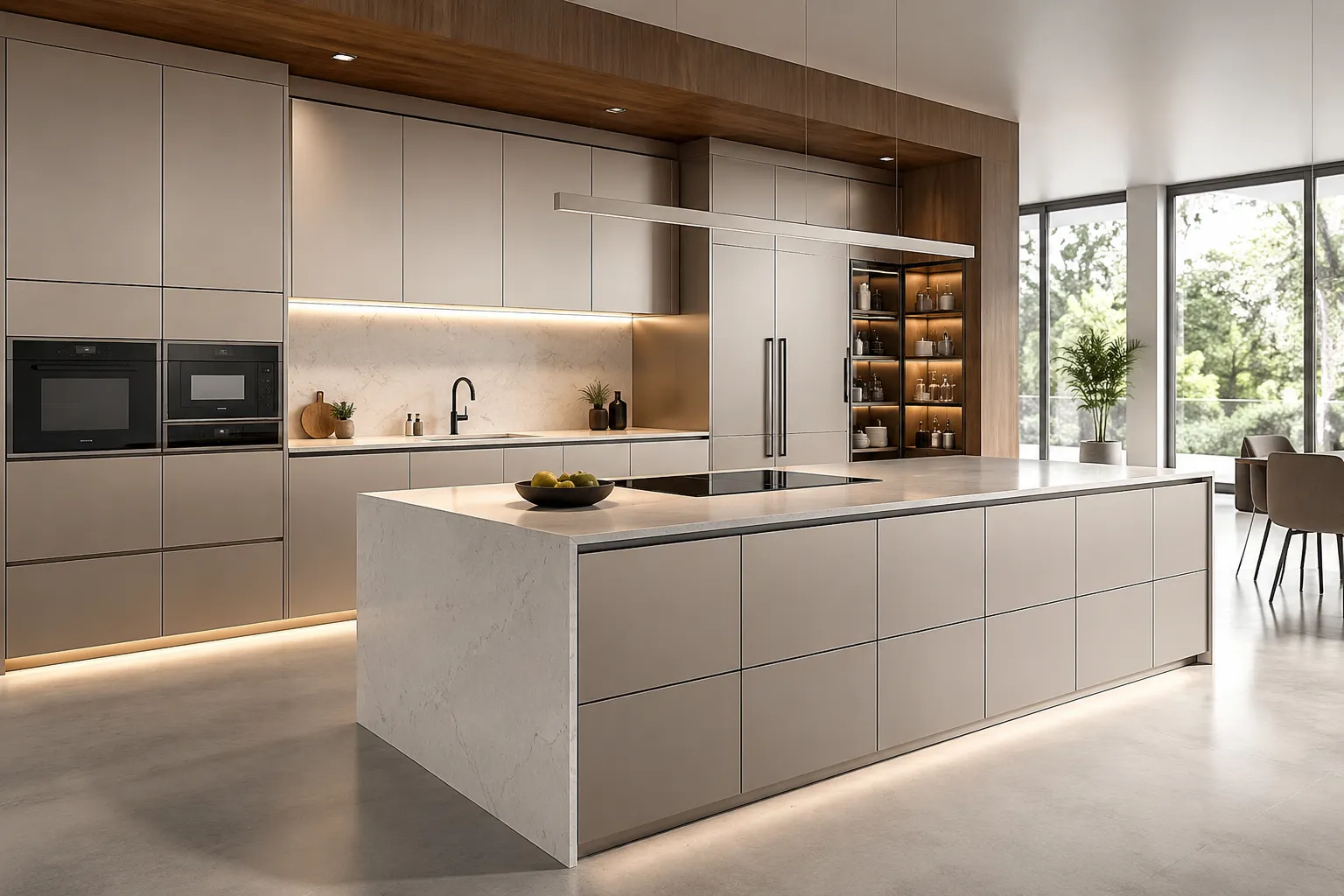 Dapur rumah landed yang luas dengan barisan kabinet panjang dan island, sesuai untuk keluasan lantai yang lebih besar