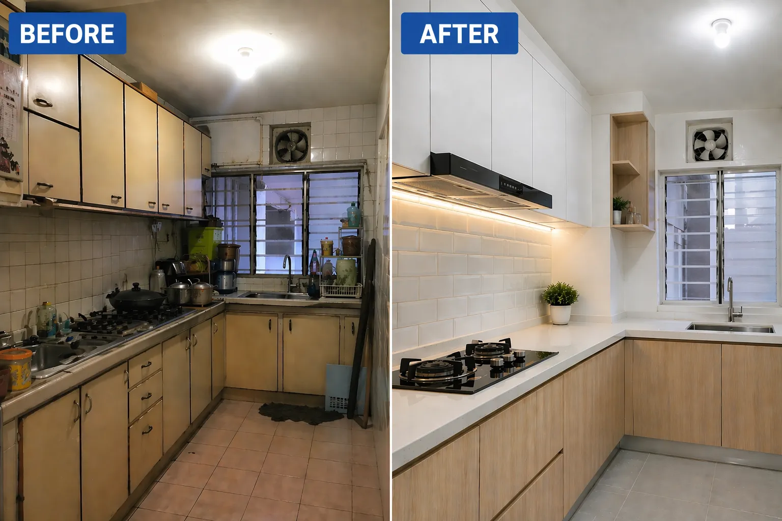 Perbandingan sebelum dan selepas renovasi dapur apartmen, menunjukkan perubahan susun atur dan kemasan