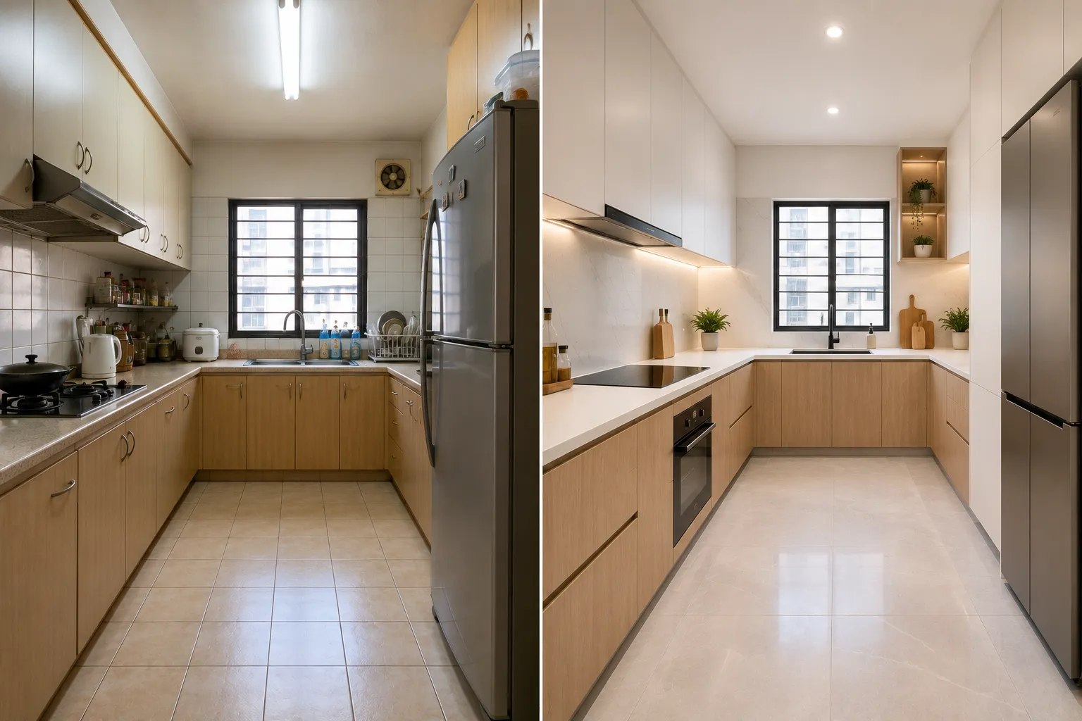 Renovasi dapur sebelum dan selepas, menunjukkan skala transformasi yang realistik
