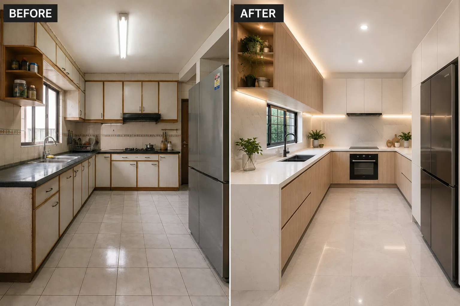 Dapur basah yang telah dinaik taraf sebelum dan selepas, dengan kabinet dan kemasan yang dikemas kini