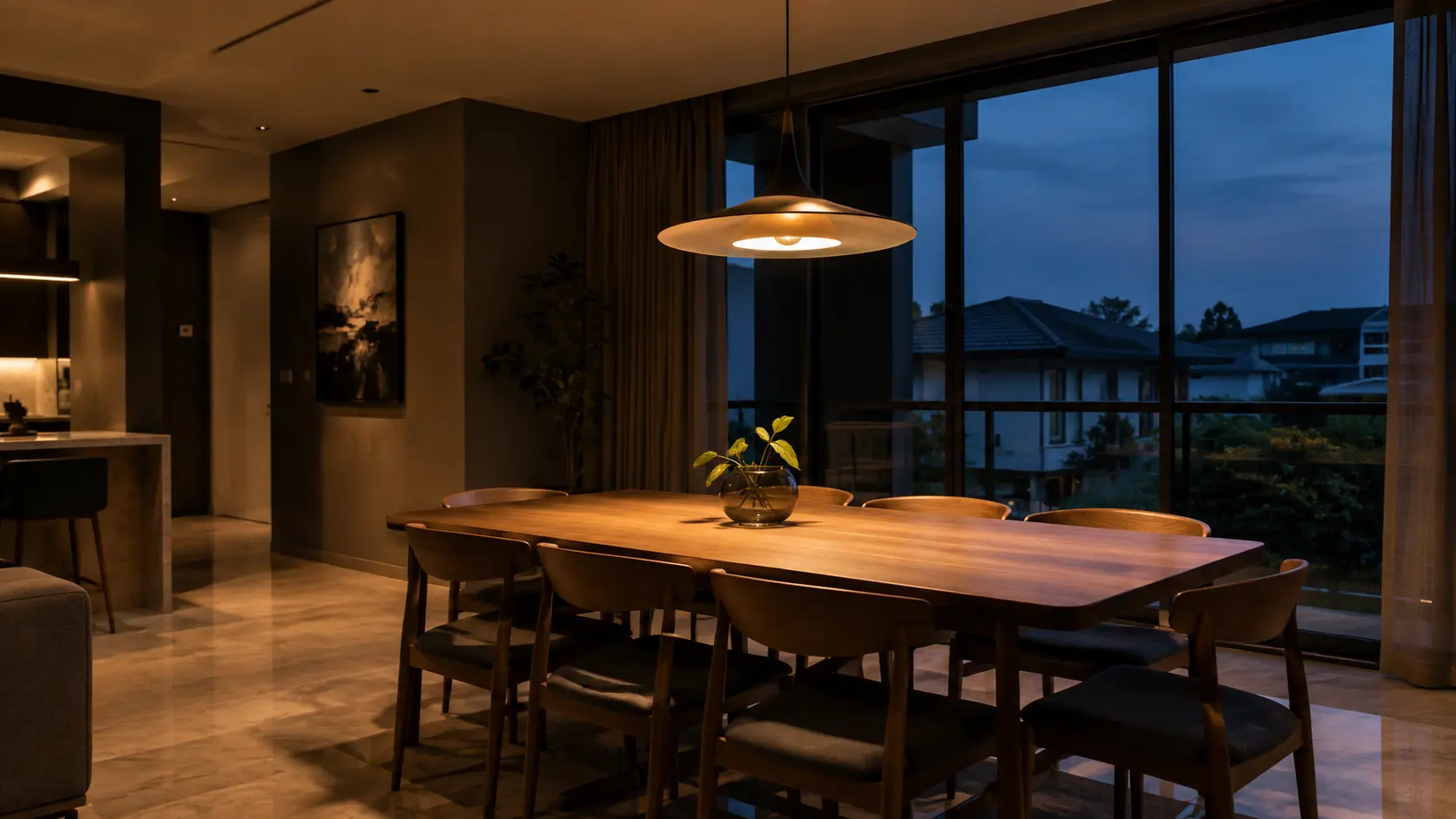 Layered pendant and recessed lighting over a dining table