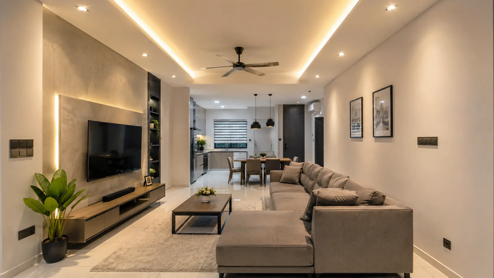 Ruang tamu kondominium pada waktu malam dengan lampu berlapis selepas renovasi