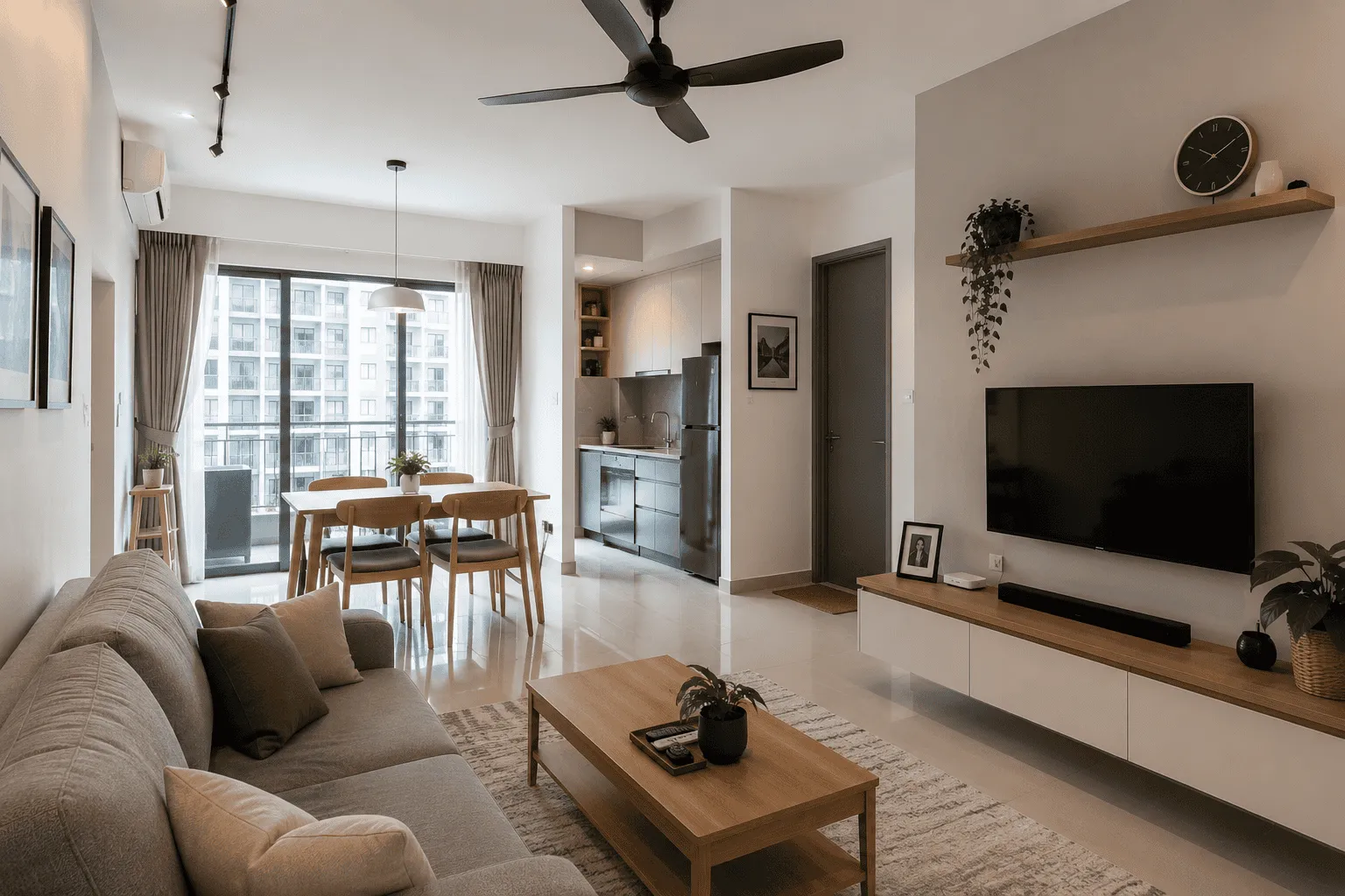 Condo 客厅，壁挂电视后方为双色涂刷特色墙，搭配木质浮空置物架