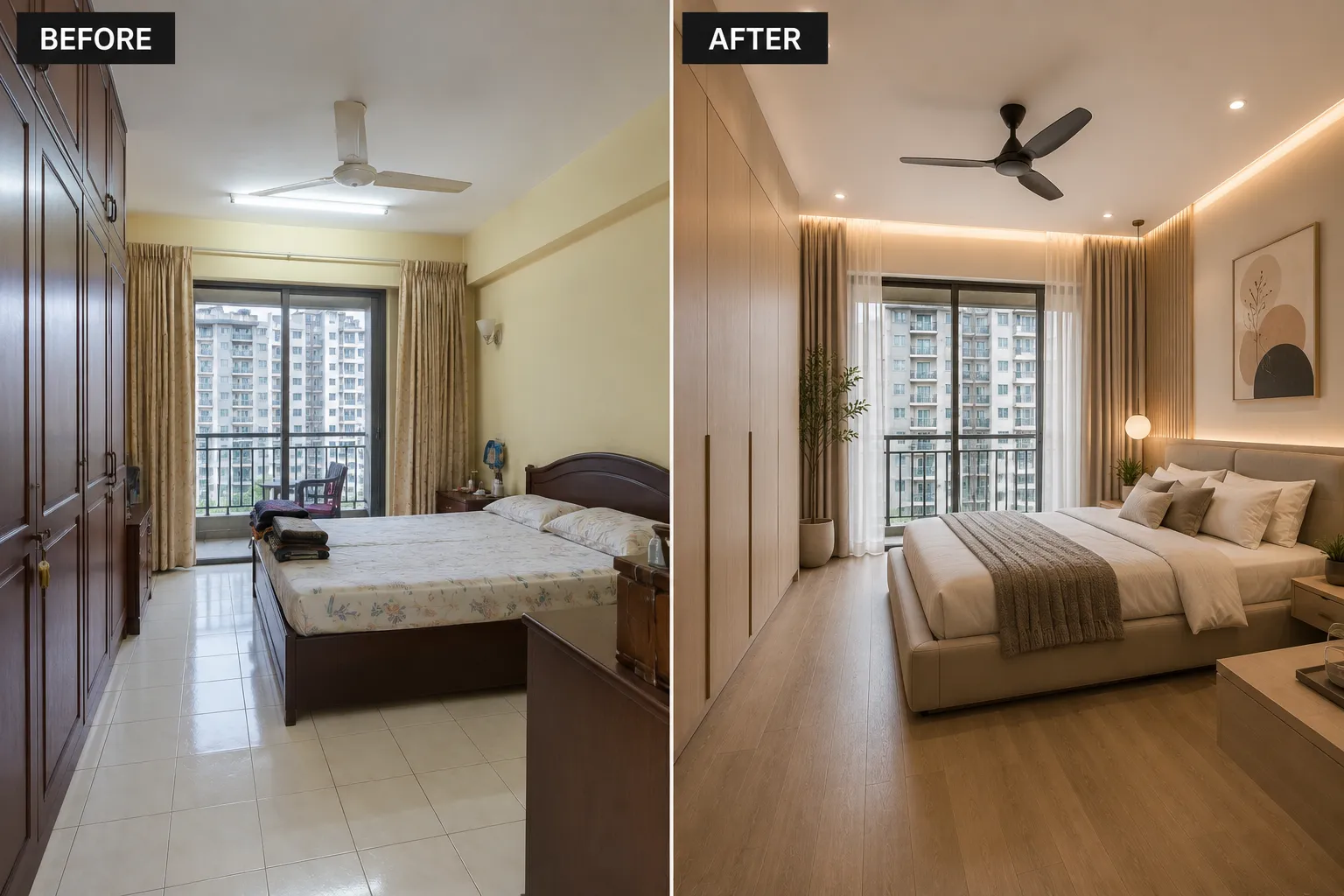 Perbandingan sebelum dan selepas kerja kemas semula bilik tidur dalam unit apartmen