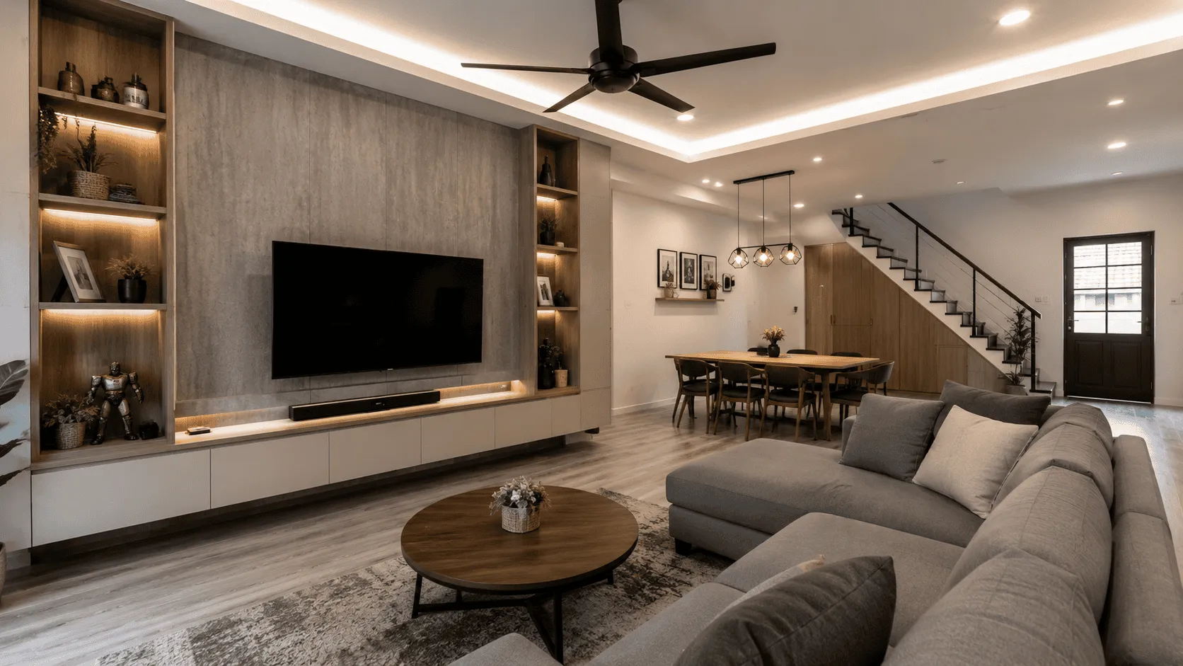 Ruang tamu dan makan konsep terbuka selepas renovasi rumah penuh