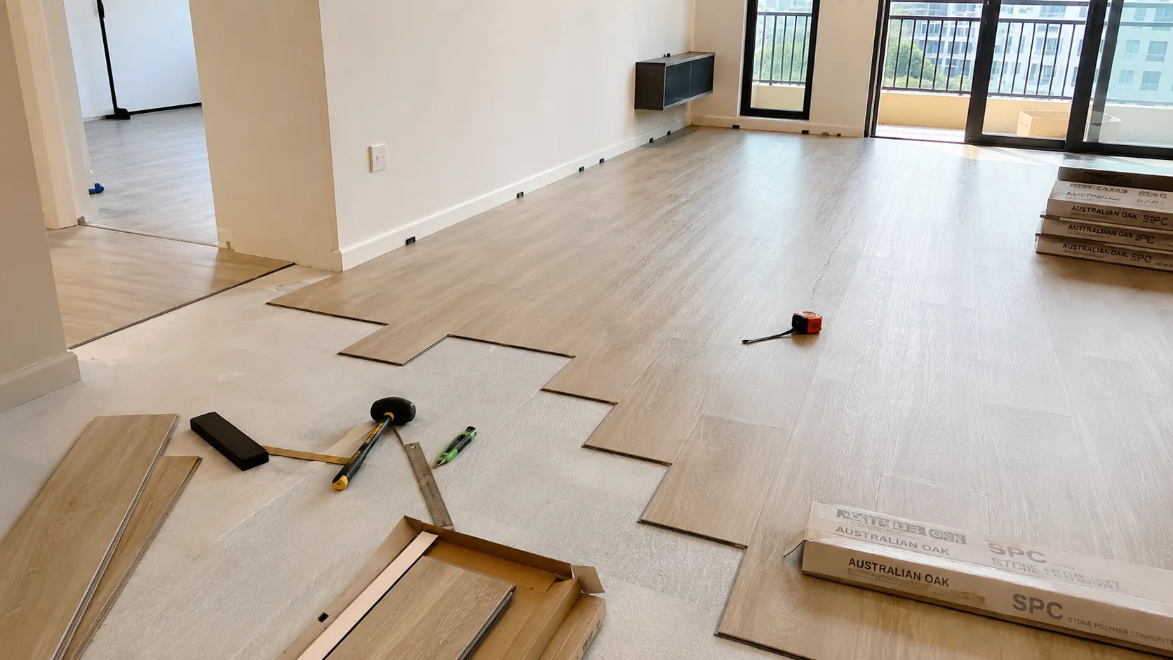Papan lantai SPC diklik ke tempatnya semasa pemasangan kondominium, dengan kotak SPC Australian Oak bertindan berdekatan