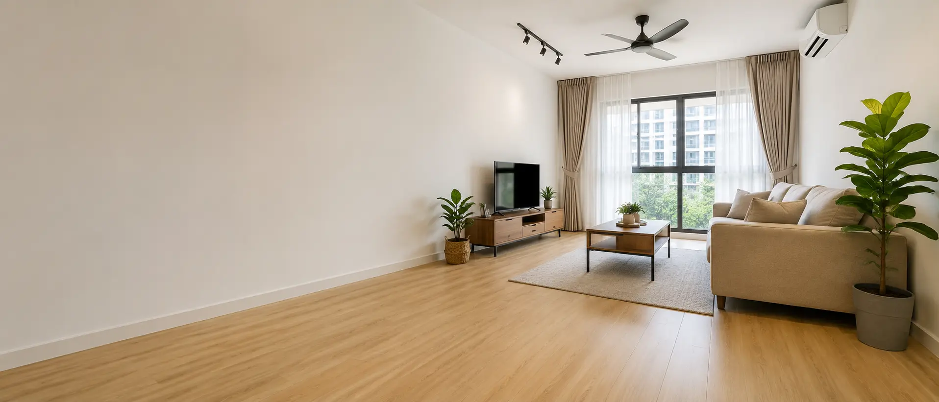 Ruang tamu dengan lantai plank vinil gaya kayu