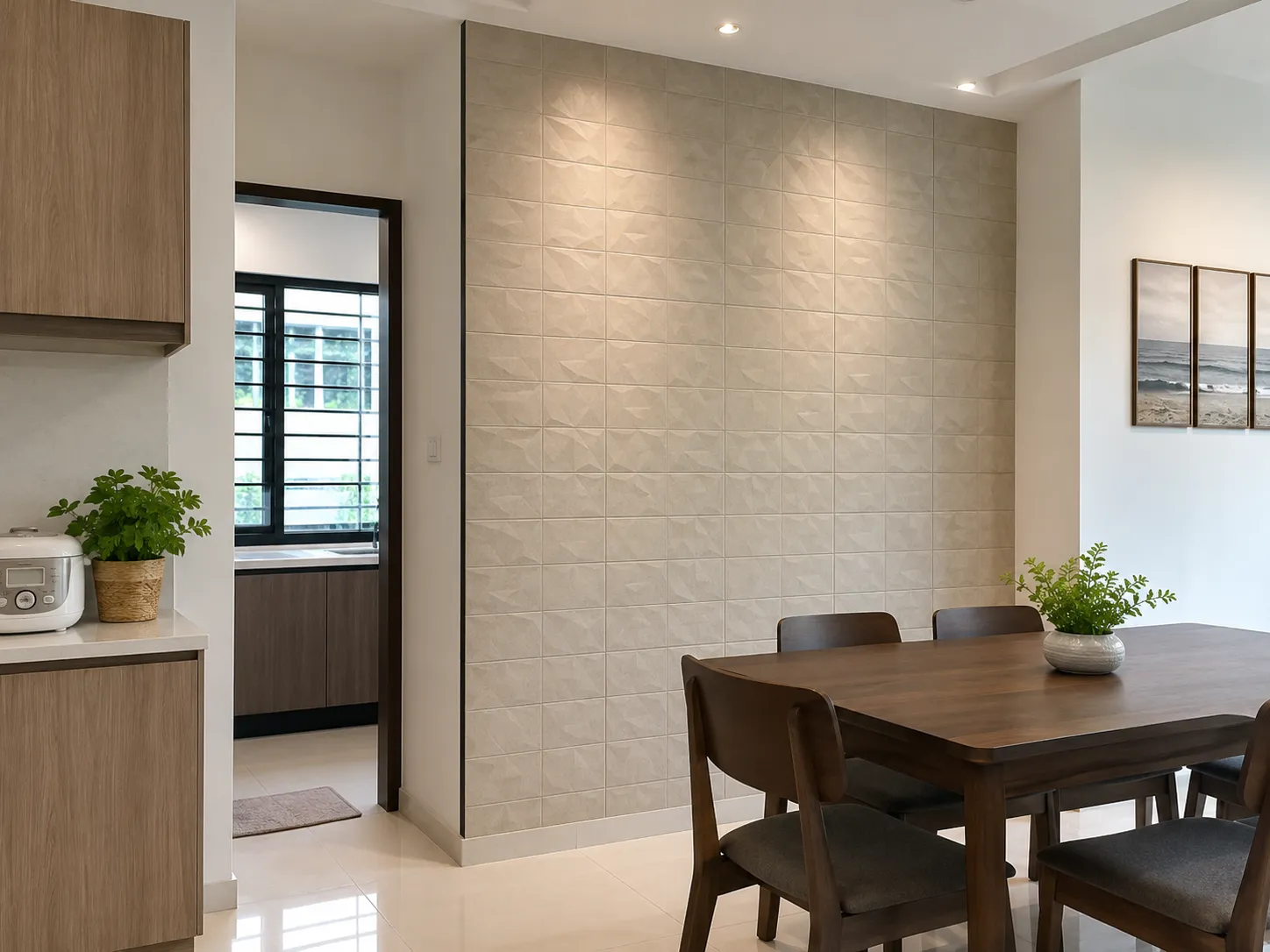 Dining area with a full-height 3D textured wall tile feature wall beside the kitchen entrance, lit by recessed downlights
